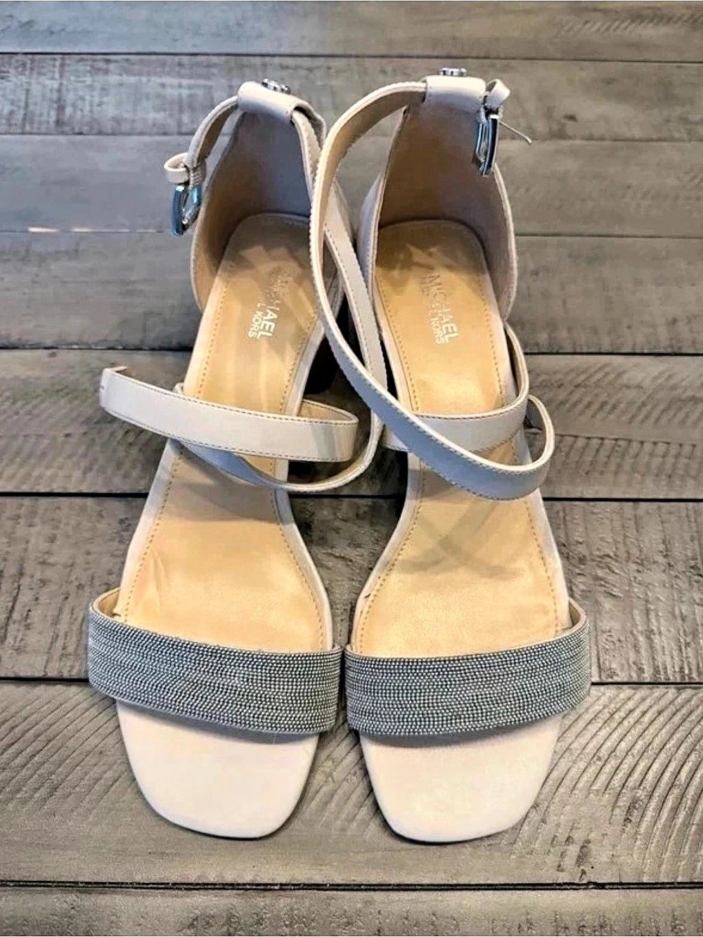 Michael Kors Raven Leather Block Heel Sandal Cream & Gray